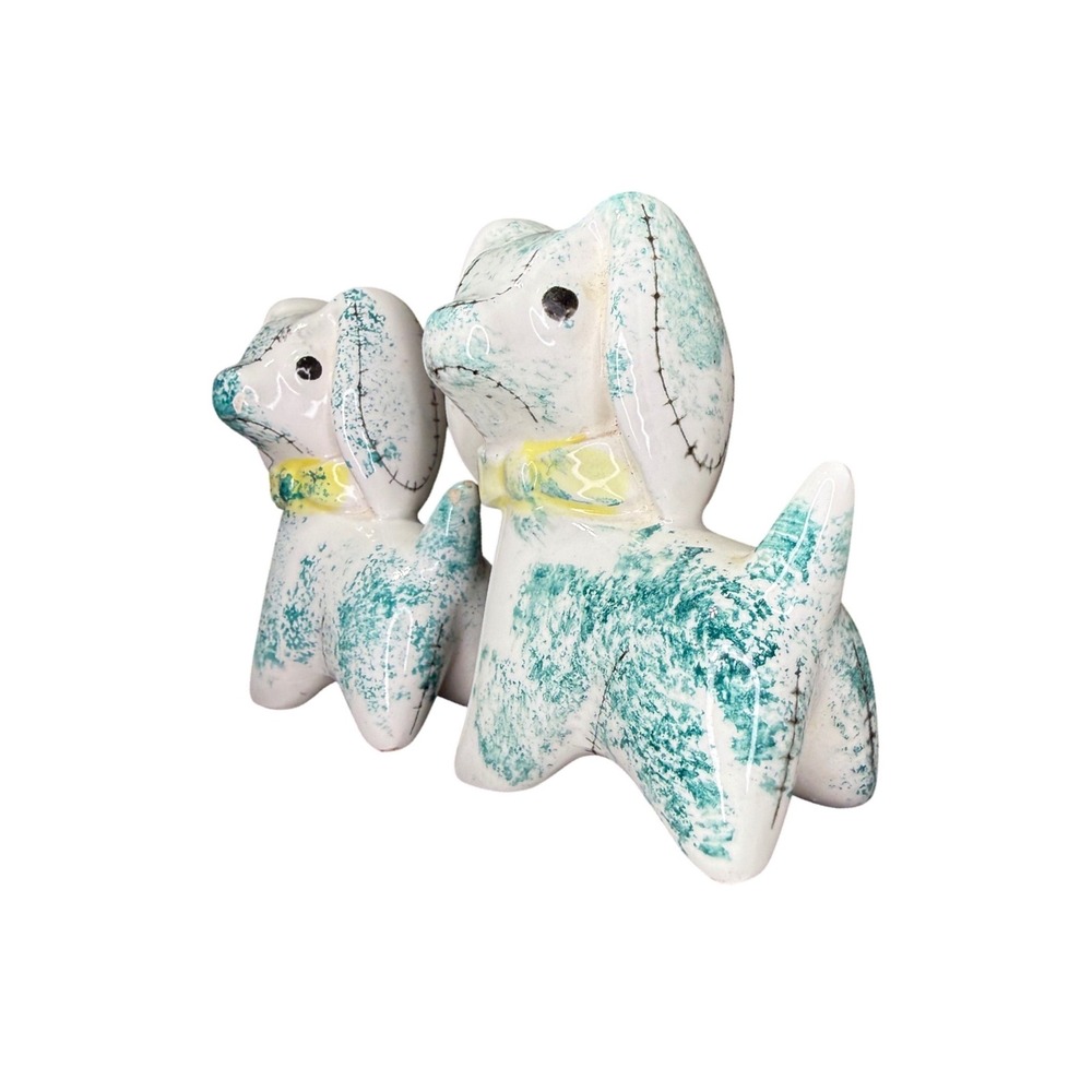 Vintage Japan Patchwork Puppy‎ Dog Salt & Pepper Shakers Turquoise Blue Kitschy